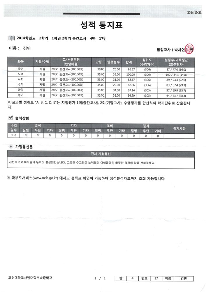 제3회 성북구 민간기록물 수집 공모전_고대사대부중 성적통지표3