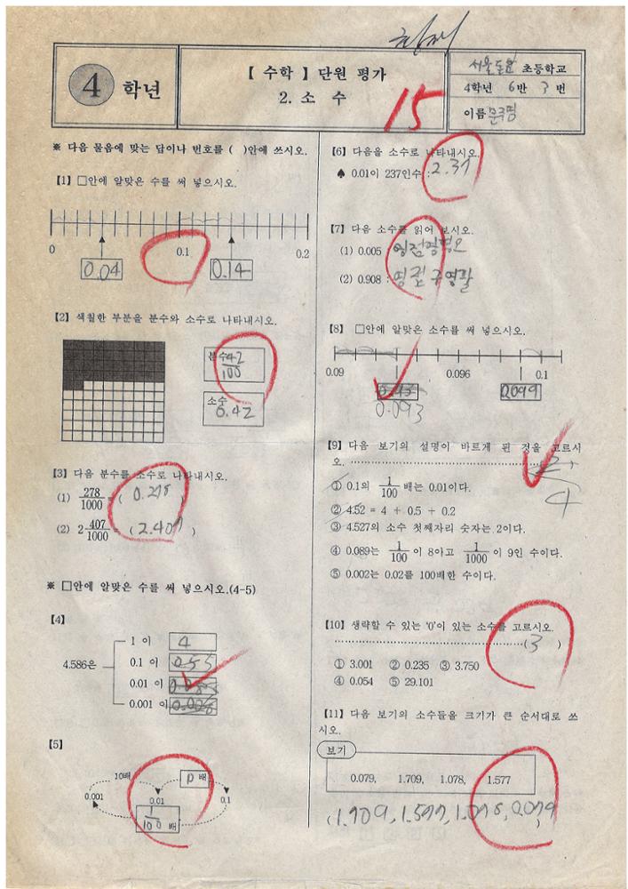 제3회 성북구 민간기록물 수집 공모전_2009년 돈암초 4학년 시험지(6)