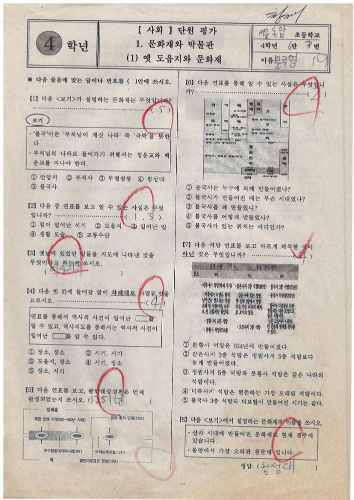 제3회 성북구 민간기록물 수집 공모전_2009년 돈암초 4학년 시험지(1)