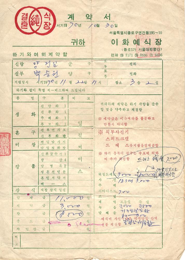 제3회 성북구 민간기록물 수집 공모전_1970년 예식장 계약서(1)