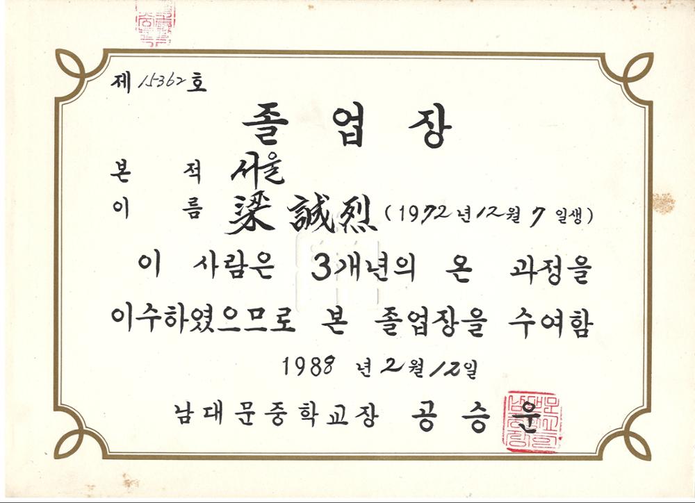 제3회 성북구 민간기록물 수집 공모전_1988년 남대문중학교 졸업장