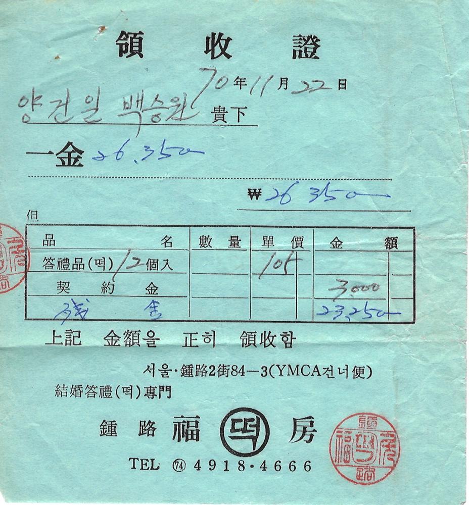 제3회 성북구 민간기록물 수집 공모전_결혼식 떡  잔금 영수증
